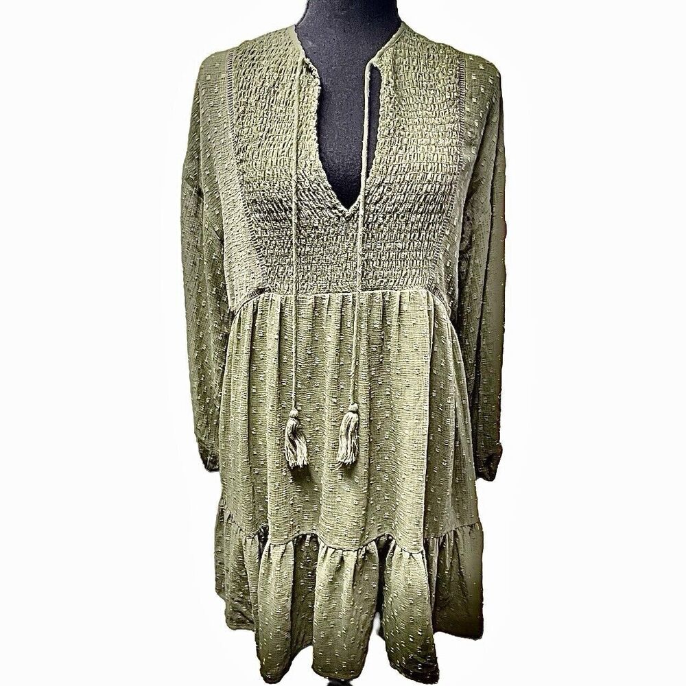 ZARA Green Dotted Mesh Mini Dress Lined Long Sleeve Women’s S - Picture 2 of 8